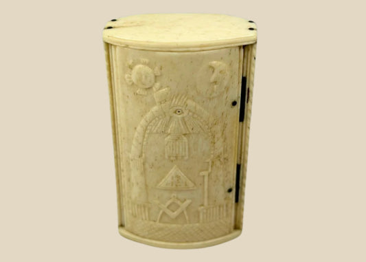 Antique Napoleonic Wars snuff box, hand-carved bone with Masonic symbols including Square and Compasses, All-Seeing Eye, Sun and Moon, crafted by French POWs in Britain circa 1795–1815.