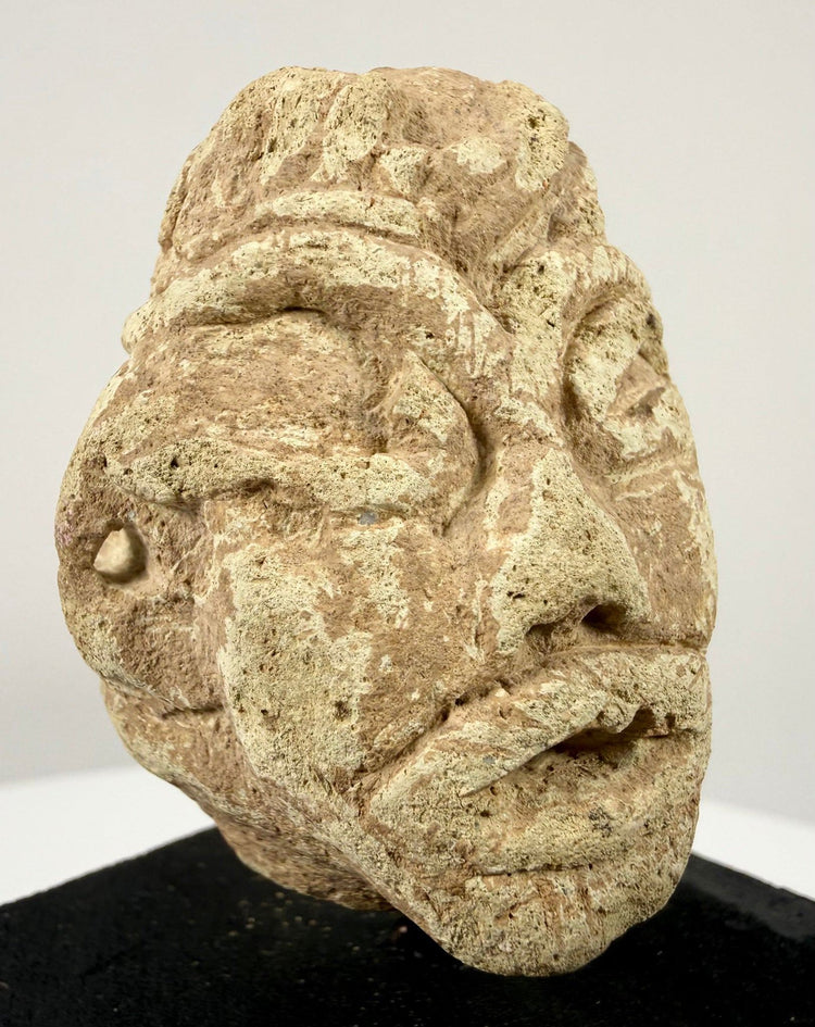 Angled view of ancient stone head artifact highlighting almond-shaped eyes and defined ear
