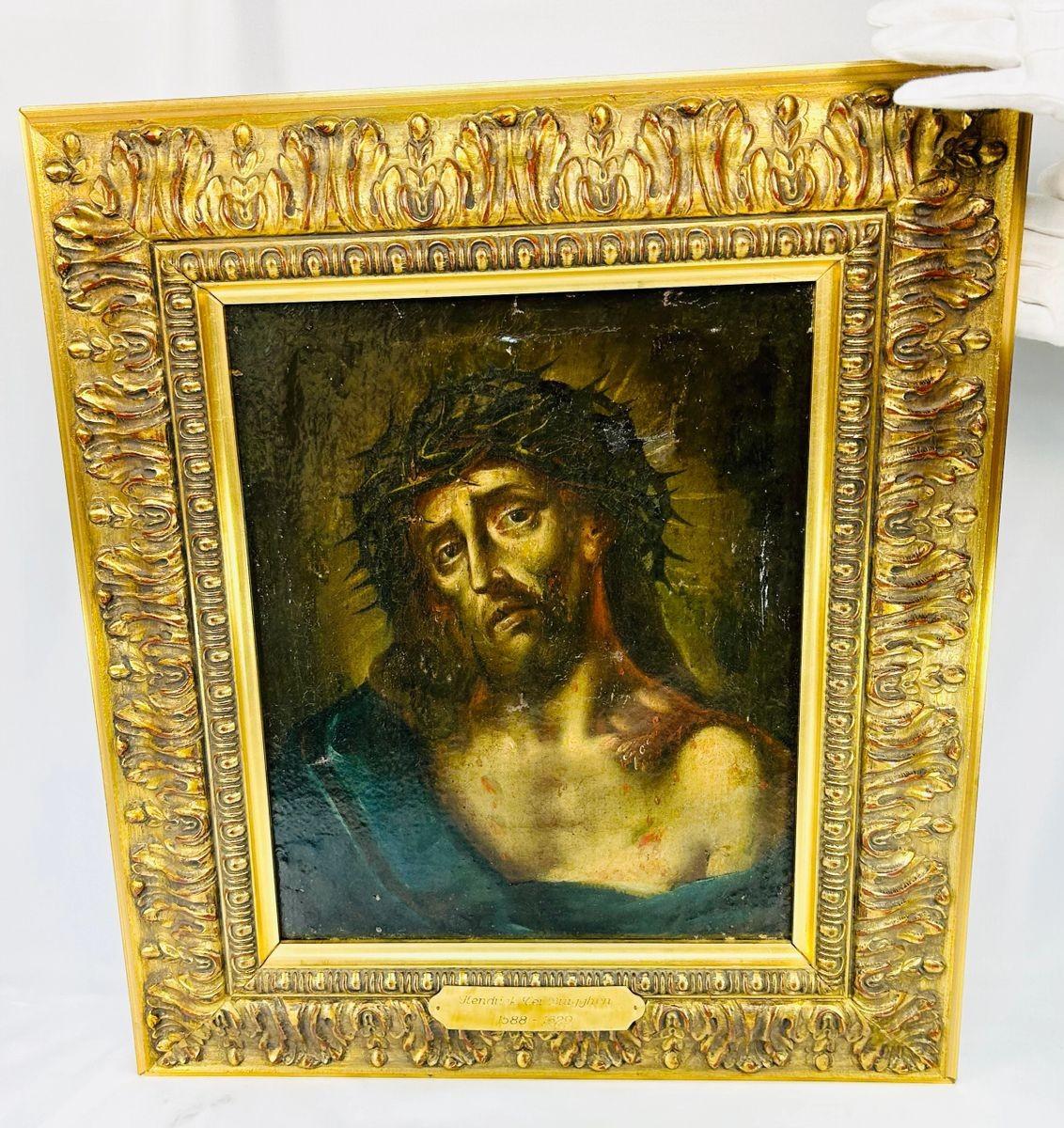 Old Master oil painting attributed to Hendrick ter Brugghen, depicting Jesus crowned with thorns in an Ecce Homo scene, with dramatic chiaroscuro and housed in a gilded Baroque-style frame.
