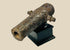 Rusted miniature iron cannon from the British Civil War period, mounted on a black display stand, featuring original trunnions and hollow barrel, 17th century.