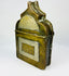 Antique North African amulet box with pointed arch lid, carved bone detailing and devotional wear.