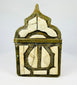 19th century Moroccan Berber amulet box in brass with carved bone inlay, hinged lid, North African talismanic container.