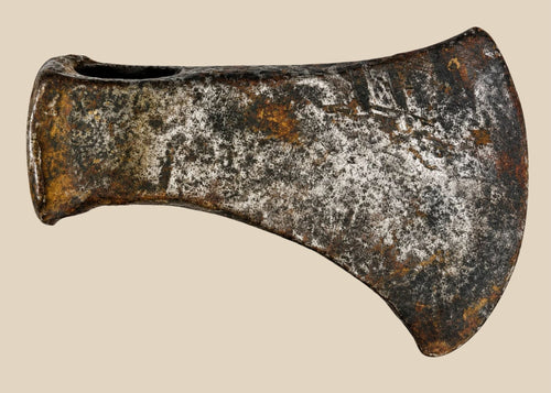 Antique 19th-century North American axe head, hand-forged iron with weathered patina and signs of historic use.