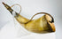 Antique 19th-century powder horn used by hunters and soldiers, featuring leather strap and wood plug