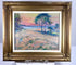 Black Rock, Bay of Fundy oil painting in an ornate gold-toned frame, depicting trees beneath a pink and yellow sky.
