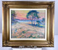 Black Rock, Bay of Fundy oil painting in an ornate gold-toned frame, depicting trees beneath a pink and yellow sky.