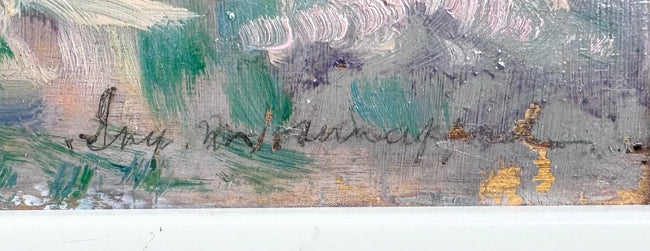 Artist’s signature within the painting’s textured foreground, with the surname indistinct.