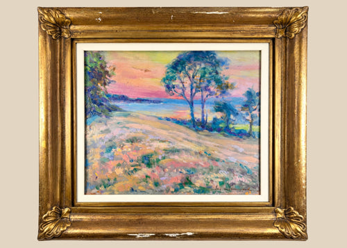 Original oil on panel painting depicting the rugged coastline of Black Rock, Bay of Fundy, Nova Scotia, with impressionistic brushwork, vibrant skies, and coastal landscape; framed in a gold wooden frame, signed in lower right by artist “Guy.”