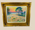Original oil on panel painting depicting the rugged coastline of Black Rock, Bay of Fundy, Nova Scotia, with impressionistic brushwork, vibrant skies, and coastal landscape; framed in a gold wooden frame, signed in lower right by artist “Guy.”