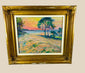 Original oil on panel painting depicting the rugged coastline of Black Rock, Bay of Fundy, Nova Scotia, with impressionistic brushwork, vibrant skies, and coastal landscape; framed in a gold wooden frame, signed in lower right by artist “Guy.”