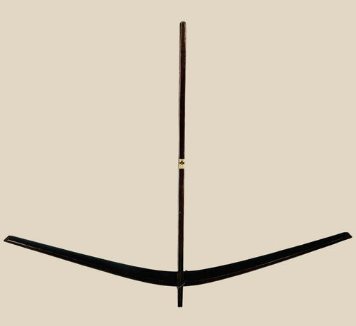 Antique Nu tribal crossbow from Yunnan, China, crafted from mulberry wood with hand-carved bone toggles and aged patina, dating to the Late Qing to early 20th century.