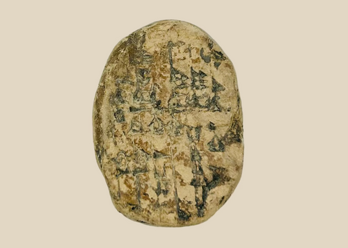 Old Babylonian baked clay cuneiform tablet, 1900–1600 BCE Mesopotamia, bi-faced lenticular school tablet with student practice inscriptions, earthen patina and mineral accretions