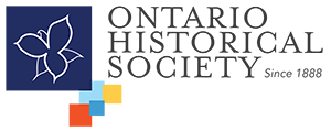 Ontario Historical Society logo with blue floral emblem and multicoloured squares