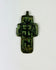 Late 18th century Russian Old Believer copper devotional cross with green champlevé enamel and Cyrillic inscriptions, excavated patina.
