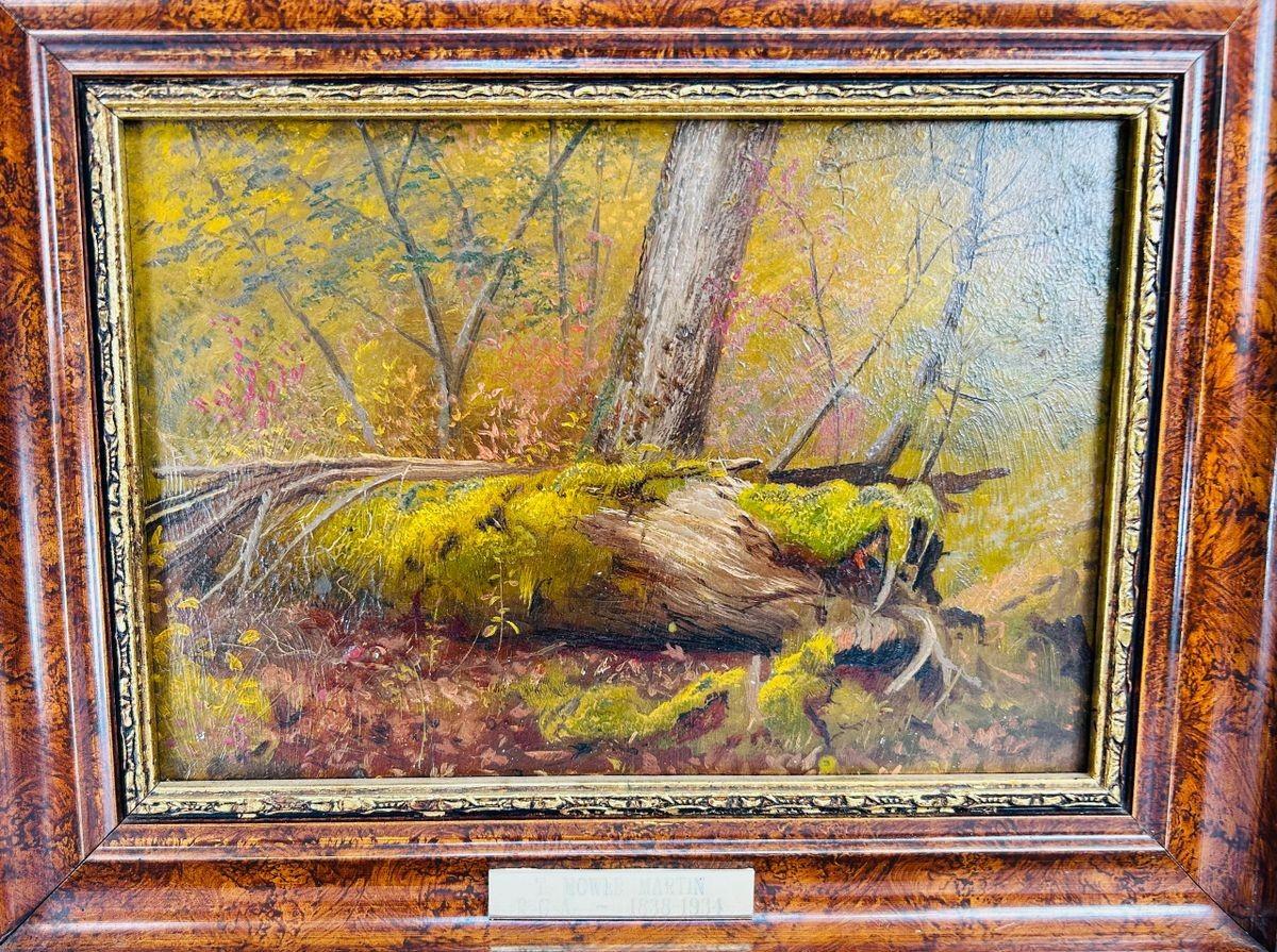 Oil on panel painting titled “Overturned Tree Root,” attributed to Thomas Mower Martin (1838–1934), Canada, late 19th–early 20th century. Depicts a twisted tree root with detailed textures, earthy tones, and interplay of light and shadow. Ex-Robert McLaughlin Gallery, reflecting Martin’s naturalistic style and Canadian landscape tradition.