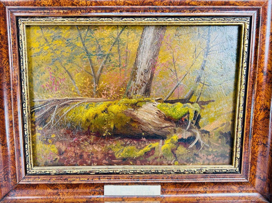 Oil on panel painting titled “Overturned Tree Root,” attributed to Thomas Mower Martin (1838–1934), Canada, late 19th–early 20th century. Depicts a twisted tree root with detailed textures, earthy tones, and interplay of light and shadow. Ex-Robert McLaughlin Gallery, reflecting Martin’s naturalistic style and Canadian landscape tradition.
