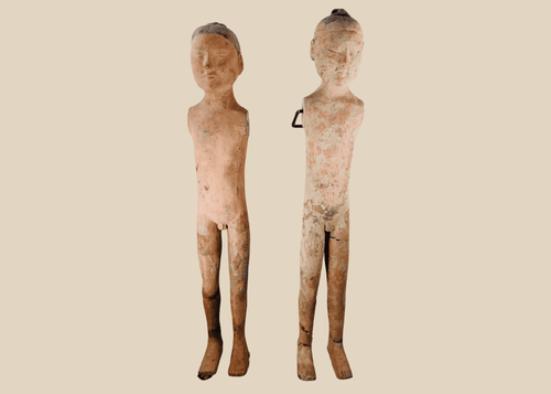 Pair of Western Han Dynasty terracotta male funerary figures with surviving polychrome pigment