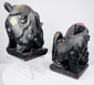 Rear three-quarter view of antique Chinese Foo dogs showing curled tails, carved backs and dark aged surface patina