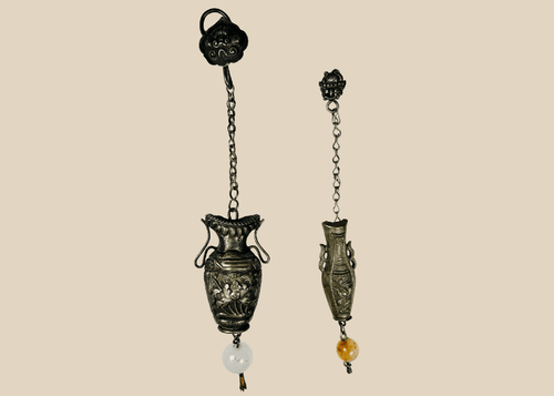 Antique Chinese silver suspended ornament with jade bead, late Qing Dynasty
