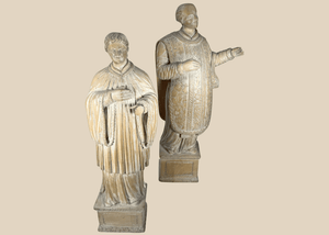 Pair of Antique European Carved Wooden Saint Figures | Ecclesiastical Devotional Sculptures | Circa 18th – 19th Century