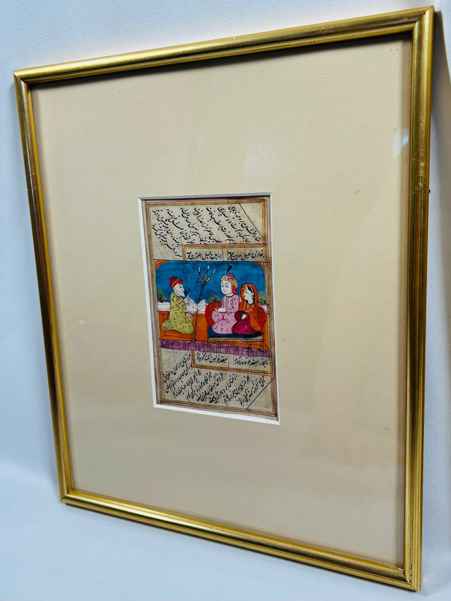 Antique Indo-Persian manuscript illustrations combining poetry and court scenes