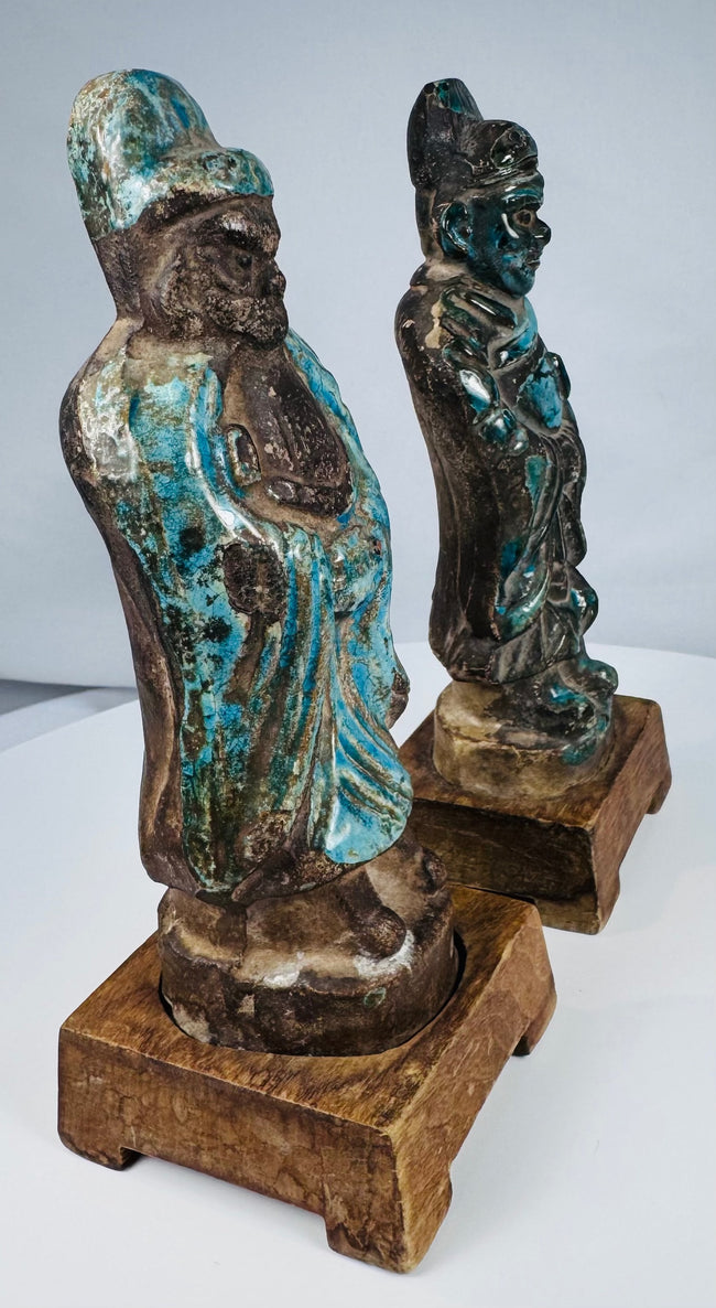 Pair of antique Chinese devotional or funerary figures in fahua-style glazes