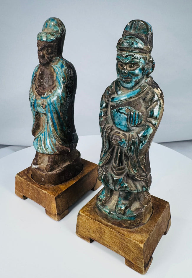 Antique Chinese glazed attendant figures holding ritual or official objects