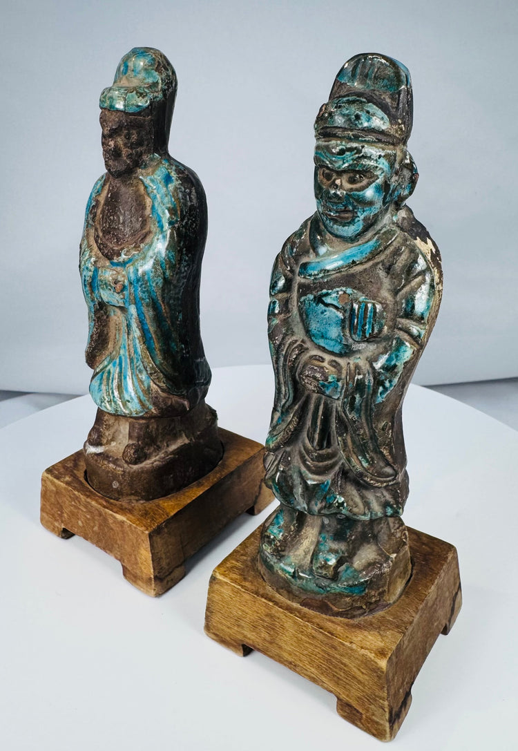 Antique Chinese glazed attendant figures holding ritual or official objects