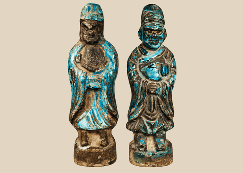 Pair of antique Chinese glazed pottery attendants with turquoise and aubergine-brown decoration