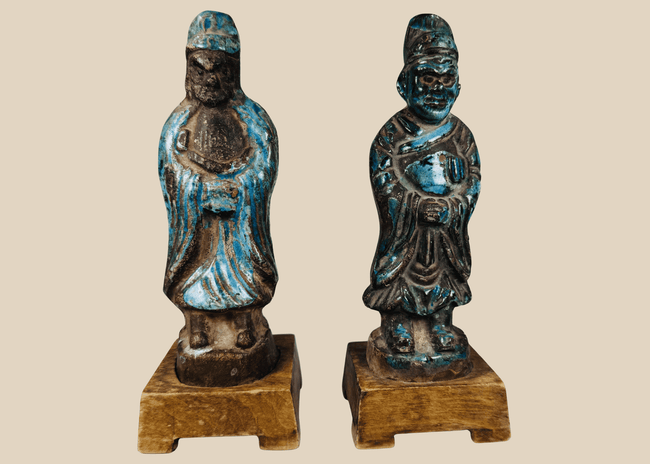 Pair of antique Chinese glazed pottery attendants with turquoise and aubergine-brown decoration