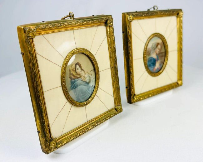 Hand-painted European Madonna and Virgin Mary devotional miniatures in original frames