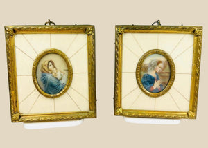 Pareja de miniaturas devocionales europeas | Madonnina y Virgen María pintadas a mano | Hacia 1880-1920