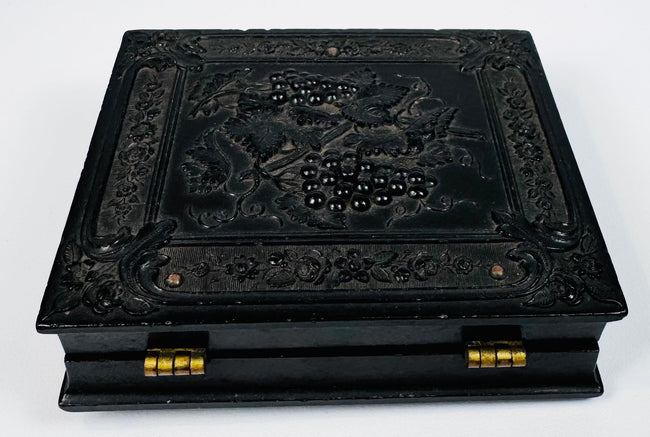 Mid-19th-century thermoplastic photographic case with ornate molded relief decoration and brass hinges