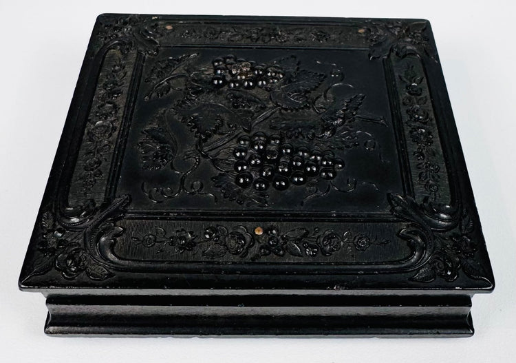 Closed Victorian Union case showing raised molded floral and geometric decoration on dark thermoplastic exterior