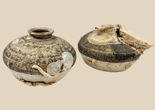 Pair of Ming dynasty discoid stoneware jarlets recovered from a Philippine shipwreck, 15th–16th century CE. Partial brown glaze with barnacle and mussel encrustations. One jarlet bears National Museum of the Philippines label. Excellent maritime provenance and well-preserved condition.