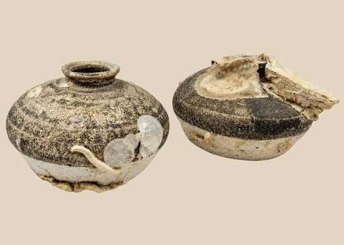 Pair of Ming dynasty discoid stoneware jarlets recovered from a Philippine shipwreck, 15th–16th century CE. Partial brown glaze with barnacle and mussel encrustations. One jarlet bears National Museum of the Philippines label. Excellent maritime provenance and well-preserved condition.