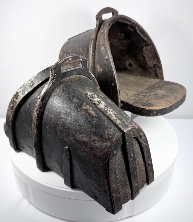 Antique Iberian hooded cavalry stirrups with hand-forged iron and wooden footplates