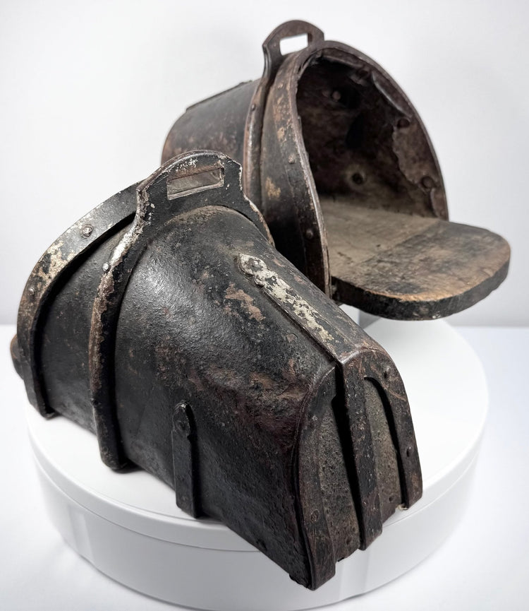 Antique Iberian hooded cavalry stirrups with hand-forged iron and wooden footplates