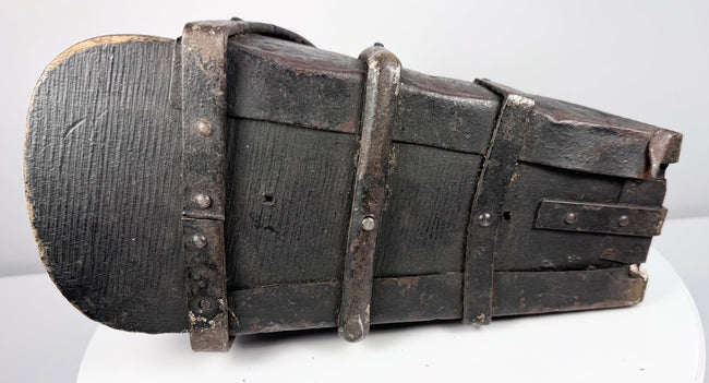 Rear view of Iberian box stirrup showing iron spine reinforcement and suspension eye