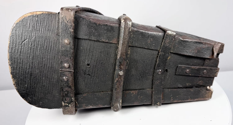 Rear view of Iberian box stirrup showing iron spine reinforcement and suspension eye