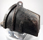 Interior view of antique hooded stirrup showing wooden tread and surviving leather lining
