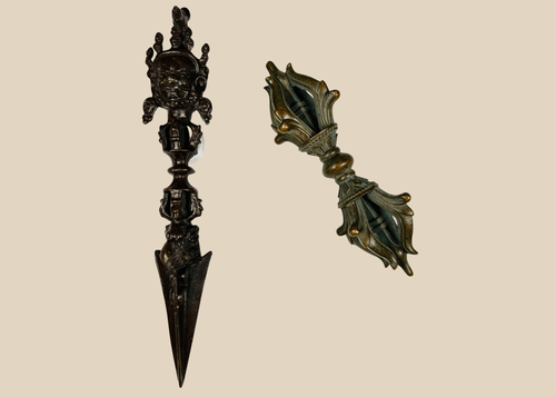 Tibetan bronze phurba ritual dagger and double vajra ritual set