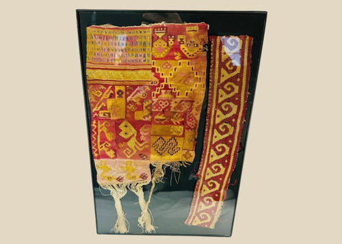 Pair of Chimu Peruvian textiles, circa 900–1470 CE, finely woven cotton and camelid fibers with geometric, animal, and anthropomorphic motifs in vibrant natural dyes.