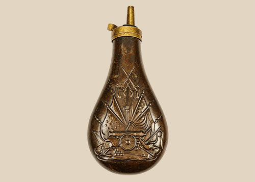 Mid-19th Century American Powder Flask, Embossed Stand of Arms, Civil War Era