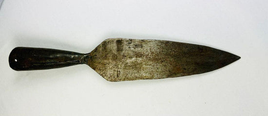 18th-century Indo-Persian forged iron spearhead with broad leaf-shaped blade, tapered socket, and aged patina.