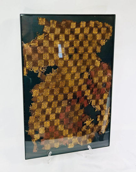 Chancay textile fragment from coastal Peru, circa 1000–1470 CE, finely woven cotton with vibrant checkerboard motif in natural dyes.