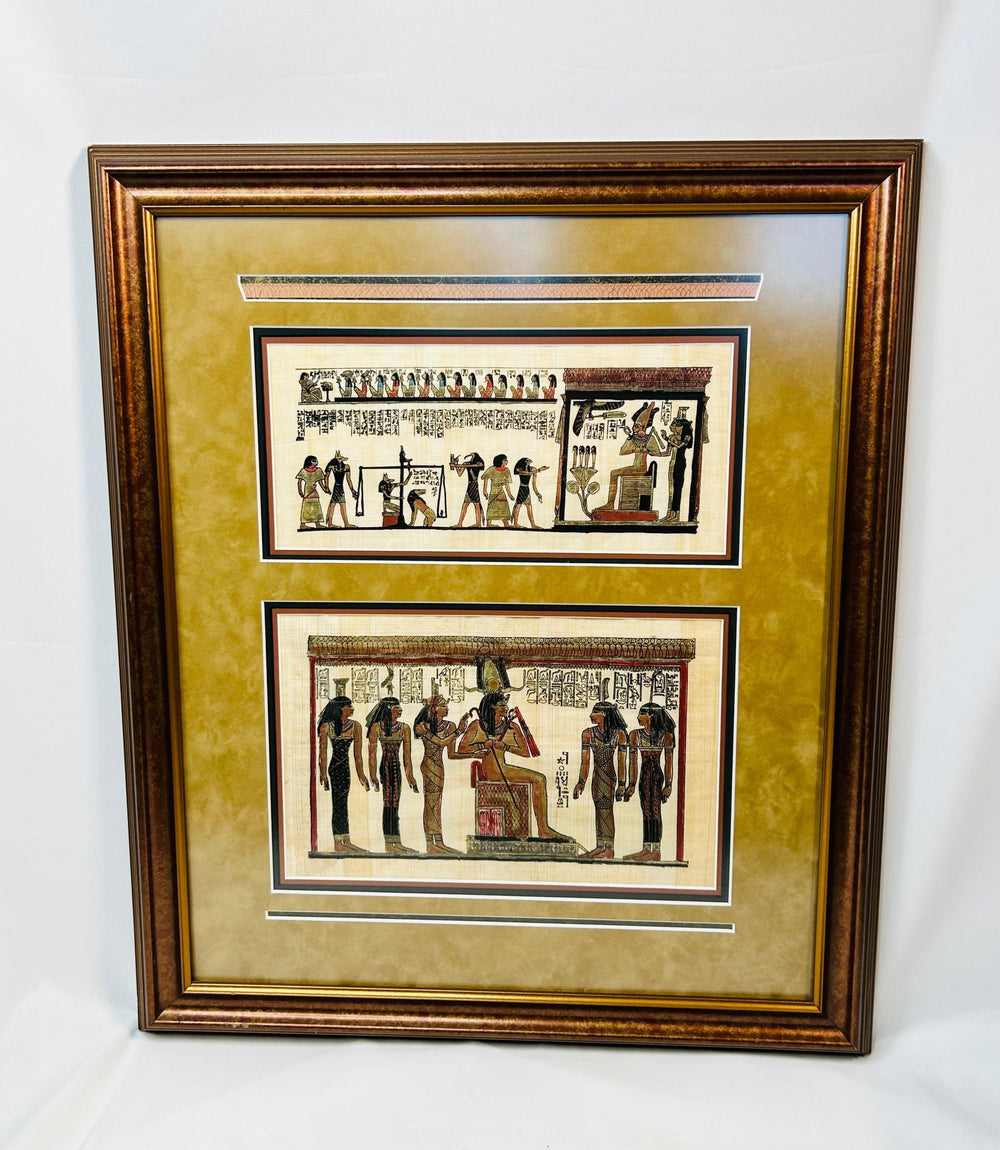 Modern reproduction of Ancient Egyptian papyrus with ritual scenes, framed with gold and black mat
