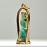 Ancient Egyptian faience pendant amulet with stylized divine figure, original suspension perforation, and later gold frame.