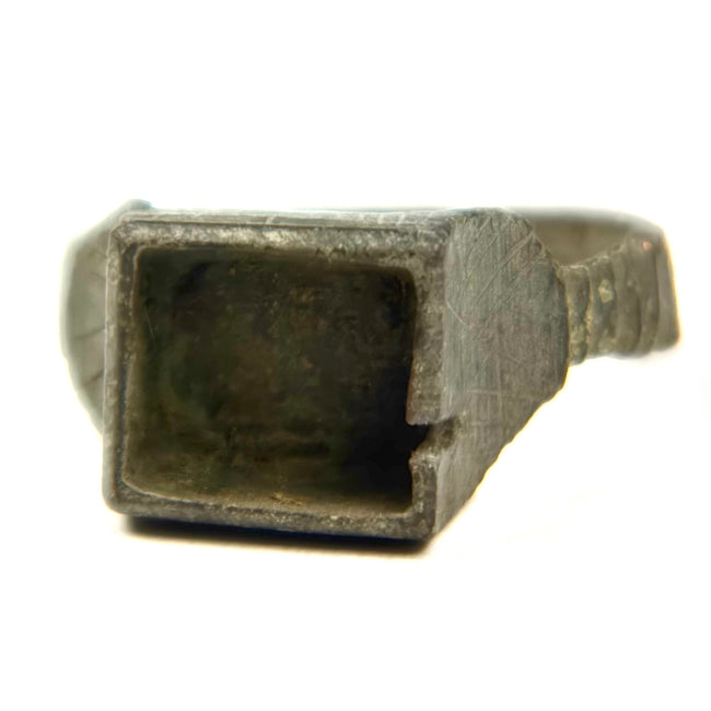 Ancient bronze finger ring with large hollow square bezel and broad shoulders, Late Roman to Early Byzantine period