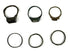 Top and front views of six ancient bronze finger rings with decorative bezels and simple bands, circa 3rd–7th century CE